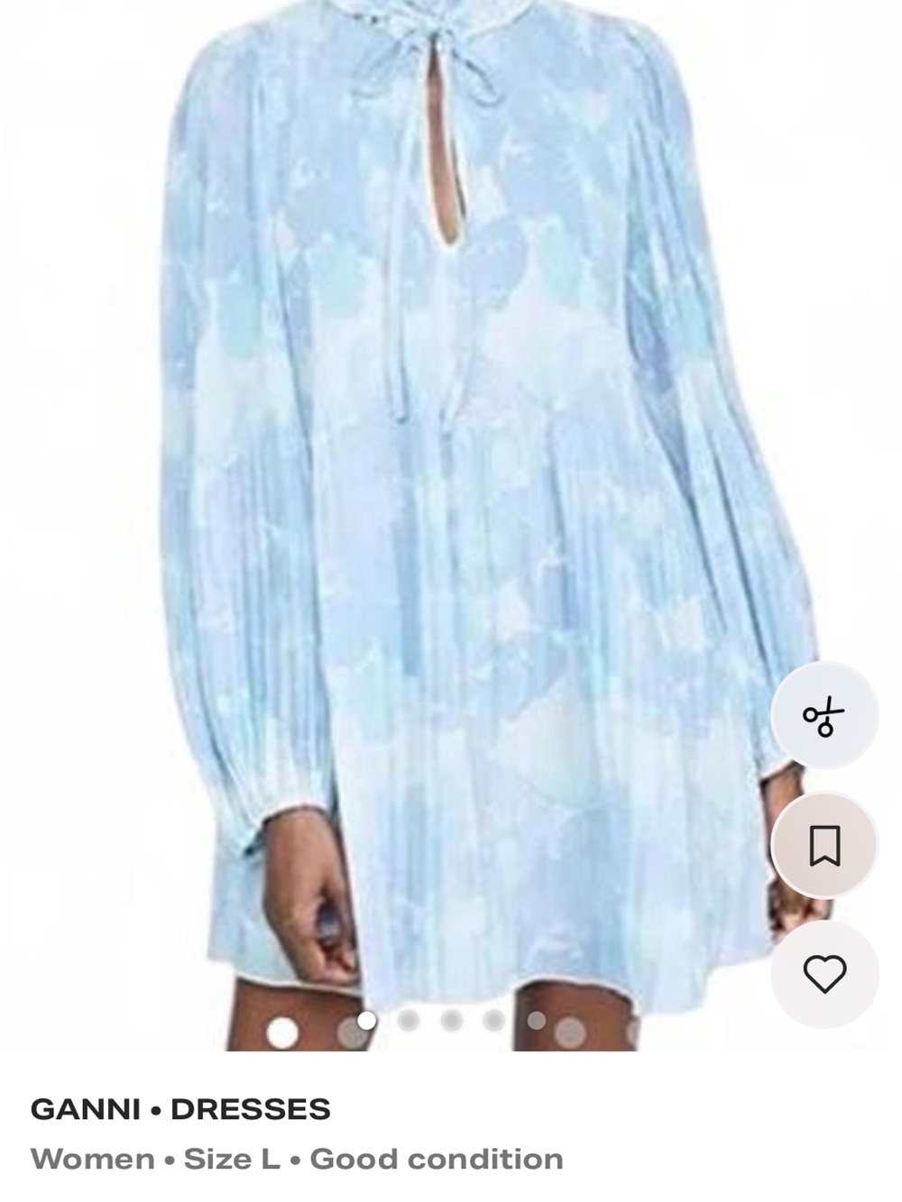 Ganni Pale Blue Floral Tie-Neck Mini Dress